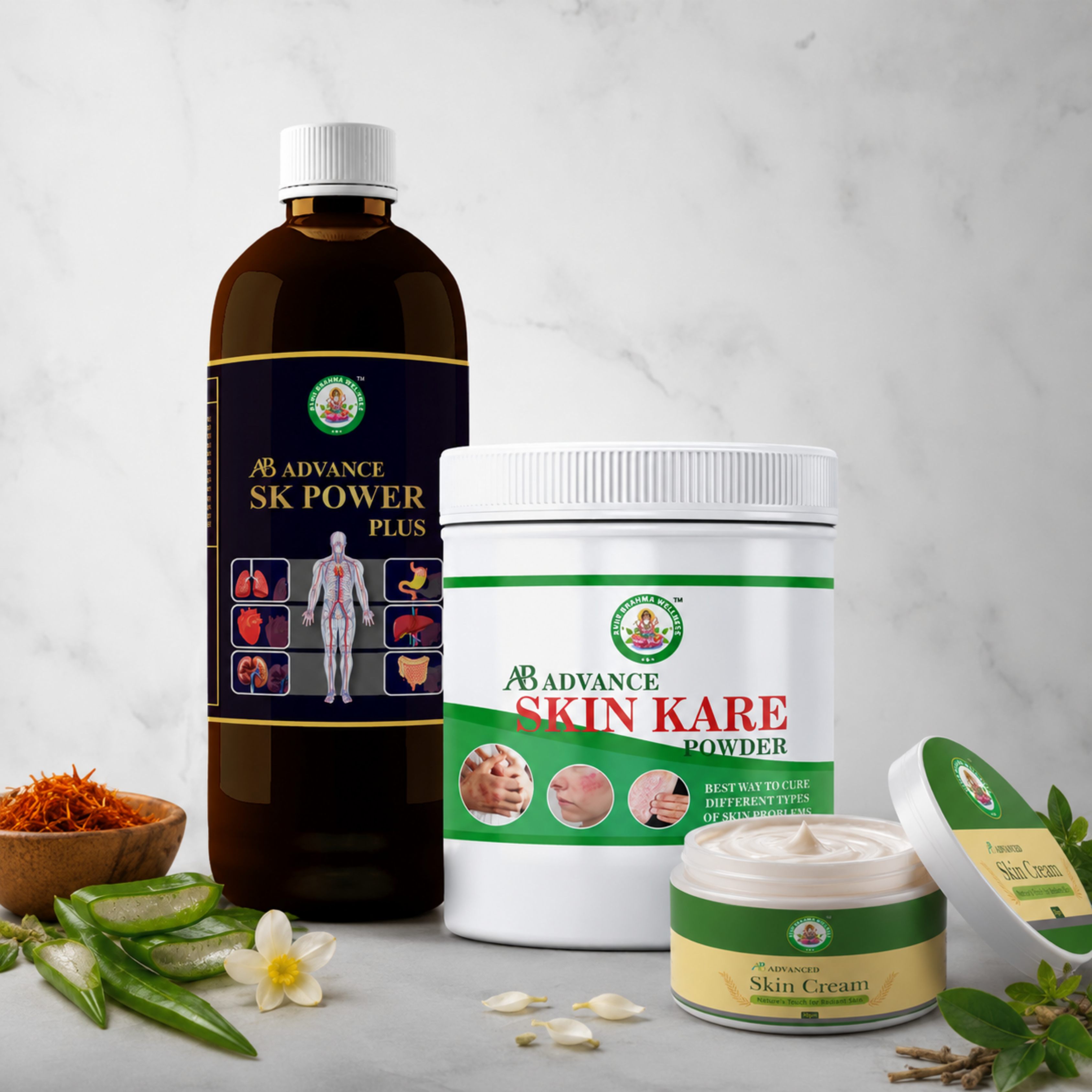 Ayur Brahma Advance Skin Kare Powder & SK Power Plus (Stomakk Kare Power Plus) & Advanced Skin Cream (50gm) Combo